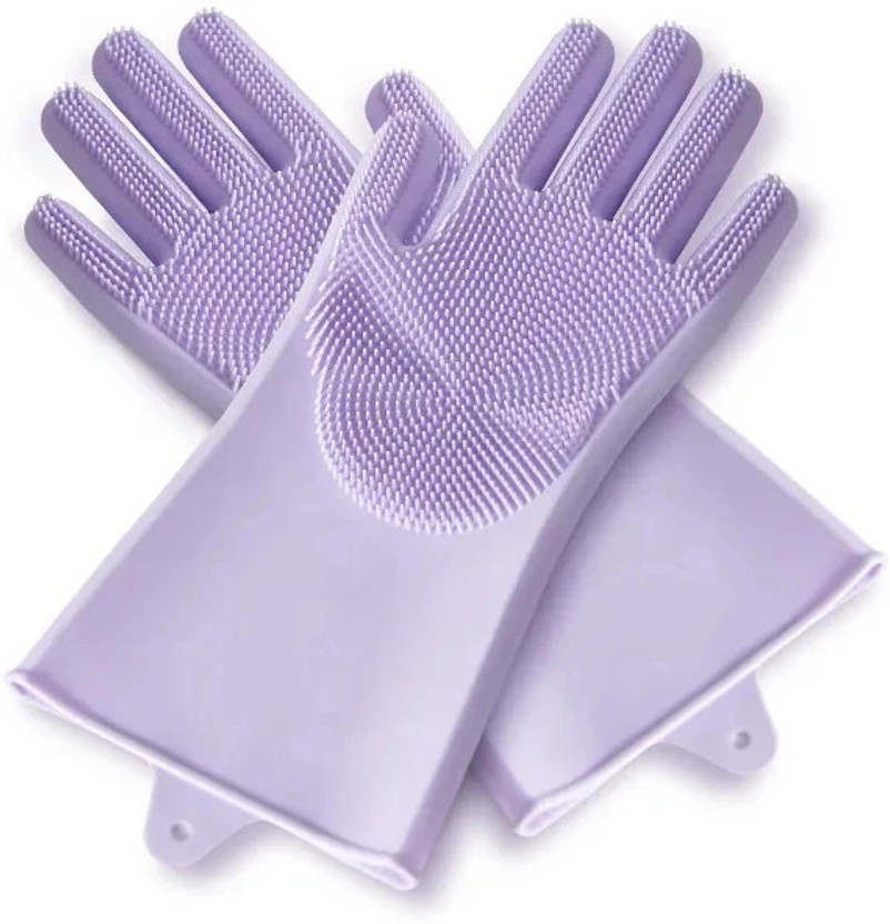 Flying monk Silicone Rubber Cleaning Wet & Dry Kitchen Glove for Home Pet-1 Pair Wet and Dry Glove(Free Size)