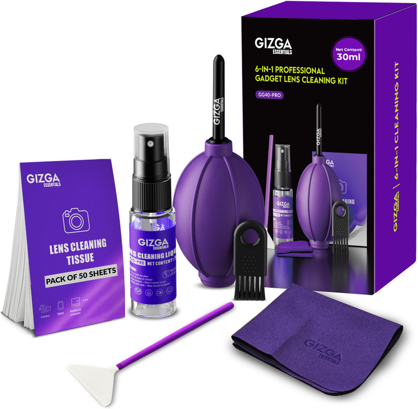 Gizga Essentials Pro 6-in-1 Screen Cleaning Kit: Lens Solution, Blower, Brush, Cloth, Swabs for Computers, Gaming, Laptops, Mobiles(GG40-PRO)