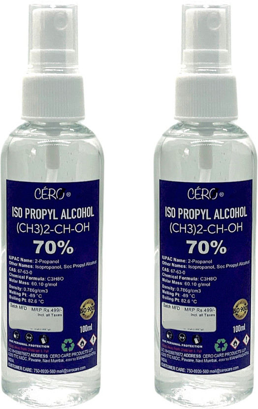 CERO ® ISOPROPYL ALCOHOL 70% Pure [(CH3)2-CH-OH] CAS: 67-63-0 (100ml) Pack of 2 for Computers, Laptops, Mobiles(Best use for : Derma roller, Makeup kit, motherbaord, electronic items)