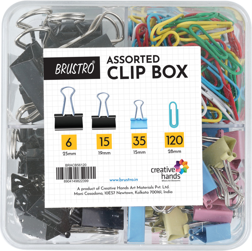 BRuSTRO Stationery Binding Supplies for Loose Papers, Files, DIY, Office and School Use BINDER CLIPS-25mm-6 pcs-19mm- 15 pcs-15mm- 35pcs, 25mm and PAPER CLIPS - 120 pcs premium quality tempered steel 56 Binder Clips and 120 Paper Clips(Set of 176, Steel)