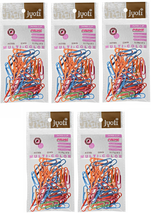Jyoti Paper Clip Plastic Coated - Size 0.85 x 33mm Multicolored - Pack of 5 Pouches, 33mm, Plastic Coated, Reusable Clamps for Holding Loose Papers & Document Organizing, & Stationery(Set of 250, Multicolor)