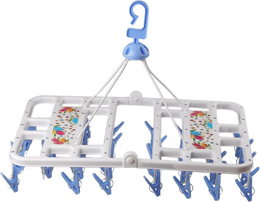 Urbanware Foldable Clip Hangers with 28 Drying Clips, Underwear Hanger with Clips, Plastic Laundry Clip and Drip Drying Hanger for Socks, Bras, Lingerie, Clothes, Sturdy, Blue Plastic Cloth Clips(Multicolor)