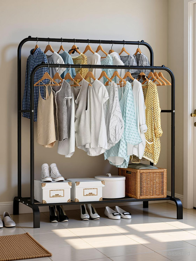 BUCKETLIST Steel Floor Cloth Dryer Stand Metal Garment Rack Top Rod and Lower Storage Shelf with Hooks(2 Tier)