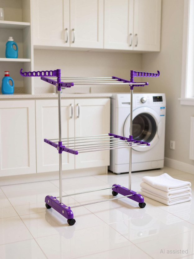 Unizone Steel, Aluminium, Plastic Floor Cloth Dryer Stand SS Premium Compact Space Saving Foldable - US2002 Single Poll(2 Tier)