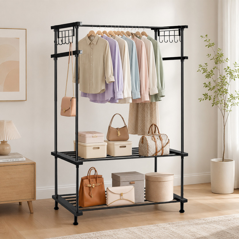 Naayaab Naayaab Craft Aluminium Floor Cloth Dryer Stand Cloth Rack With Side Hooks, Cloth Rail Dual Shelf Storage For Bedroom & Hallway(2 Tier) - Flipkart Deal