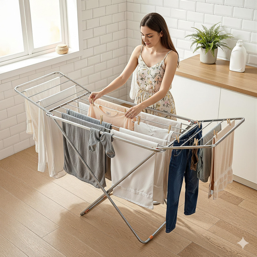 Fourtune Steel Floor Cloth Dryer Stand Cloth Dryer Stand Double Rack Cloth Stands for Drying Clothes Steel(2 Tier)