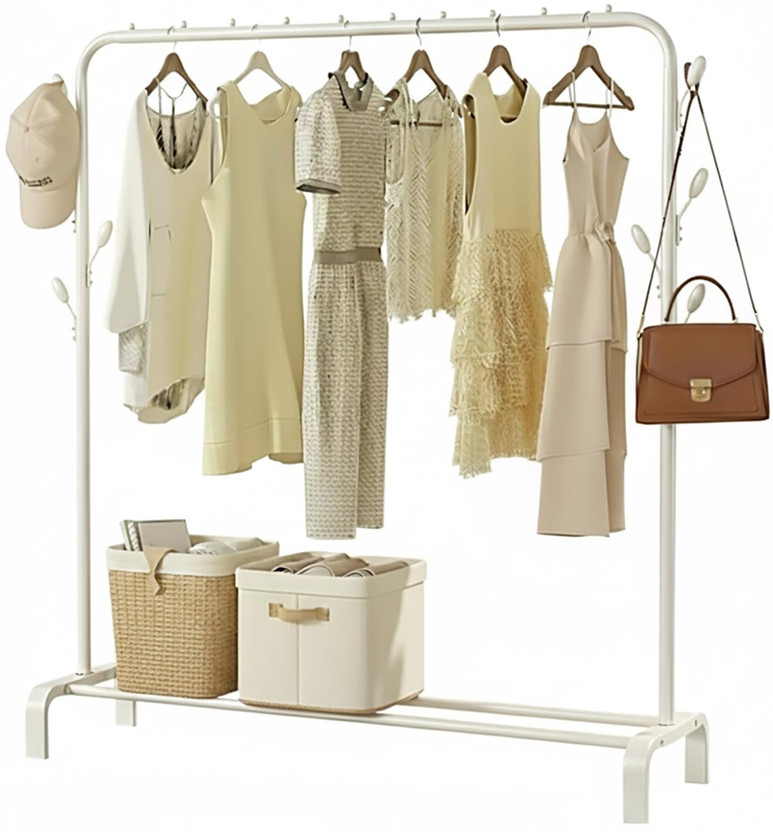 HOUSE OF QUIRK Metal Garment Rack Storage Shelf Clothes Rack 6 Hooks(114x38x110cm) White Metal Coat and Umbrella Stand(Finish Color - White, DIY(Do-It-Yourself))