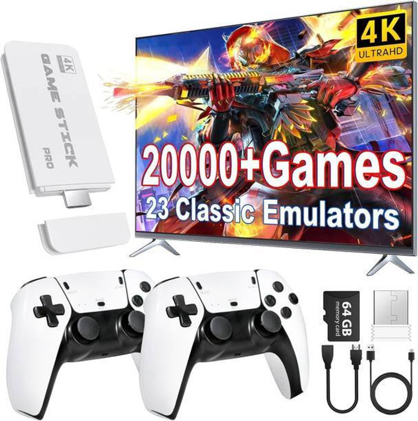 Timkolas M15 4K HD Tv video game with 4K Ultra Game Stick & Dual 2.4G Wireless Gamepads_8 32 GB with Super Mario Bros, Contra, Adventure Island, Double Dragon, Mortal , Tekken 3(White, Timkolas Game Stick Lite includes 3D wireless controllers.)