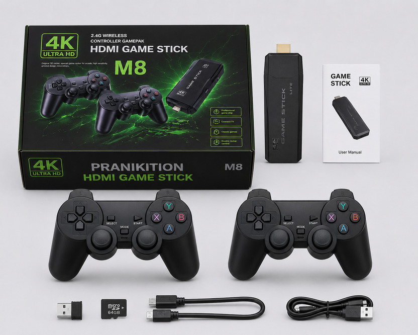 M8 Pro 4K Ultra HD Retro HDMI Game 08 Stick 64GB Dual Wireless Controller with Game and Expansion Pack(Code in the Box - for PC)