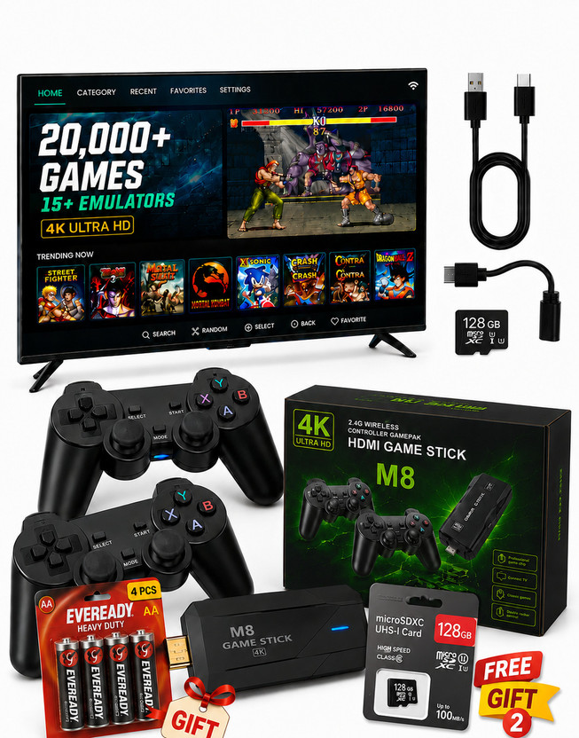 PIXEL PIXEL M8 4K A4 Ultra HD Game Stick 64GB 20000+ Games Dual Wireless Controllers 64 GB with 20000+ GAMES(Black) - Flipkart Deal