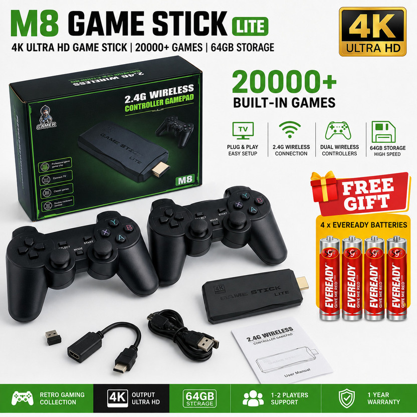 PLAYTRON M8 Pro 4K Ultra HD Retro HDMI GAMING CONSOLE. 64 GB with 15, 000+ built-in retro arcade, classic action, adventure, racing, and fighting.(Black, with 40+ Emulator, Full HDMI Output, TV Game Set, Mini Video Game Hand TV)