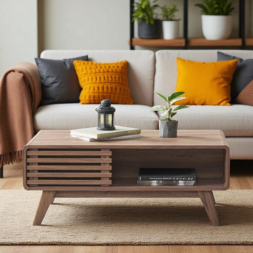 Radha Radha Impex Modern Rivana Coffee Table with Slatted Cabinet and Angled Tapered Legs Engineered Wood Coffee Table(Finish Color - Brown, Pre-assembled) - Flipkart Deal