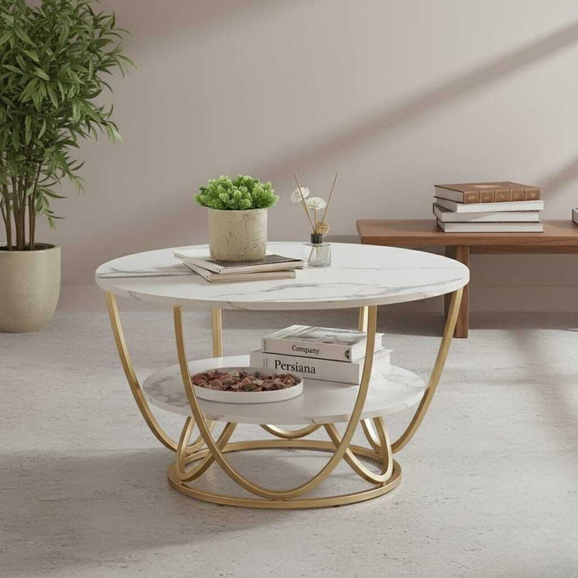 Artisanvibes Luxury Round Coffee Table with Marble Finish Top & Golden Metal Frame – 2-Tier Engineered Wood Coffee Table(Finish Color - Golden & White, Pre-assembled)