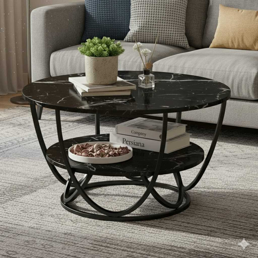 Artisanvibes Artisanvibes Luxury Round Coffee Table with Marble Finish Top & Golden Metal Frame – 2-Tier Engineered Wood Coffee Table(Finish Color - ALL BLACK, Pre-assembled) - Flipkart Deal