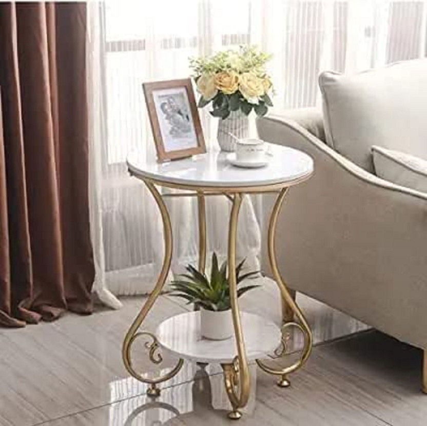 Wellwoodmart Luxury Gold Metal Coffee Table with Marble Top & Storage Shelf Metal Coffee Table(Finish Color - golden, Pre-assembled)