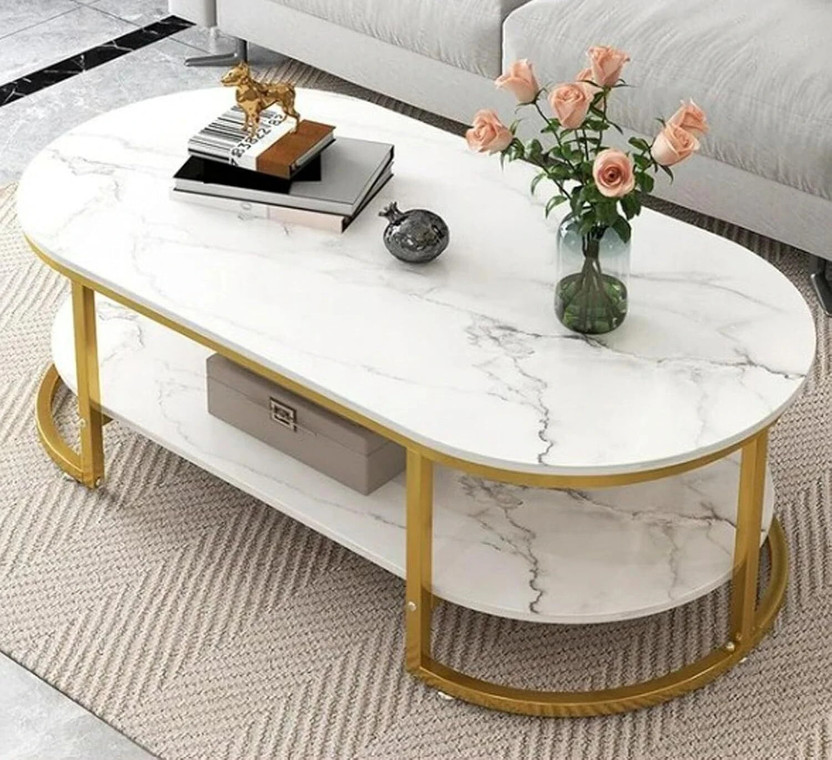 Yusha handicrafts Large Center Table Coffee Table,Sofa Side Table Simple Design Beautiful table Engineered Wood Coffee Table(Finish Color - Gold white, Pre-assembled)