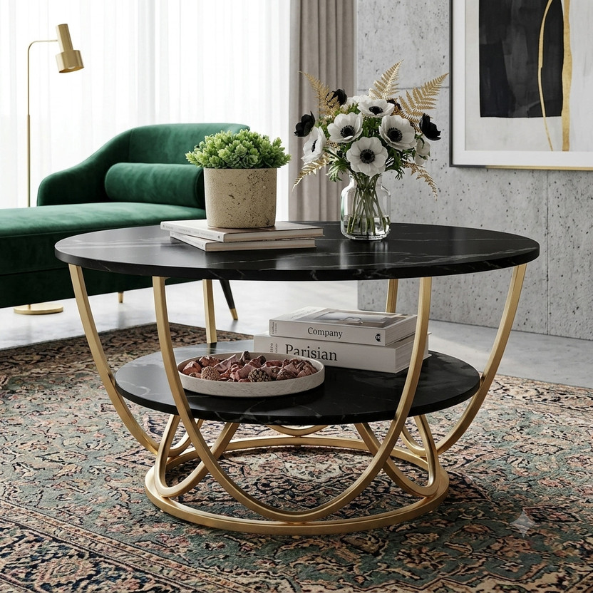 Bazaar Galli Modern Round Coffee Table – Marble Design Center Table Engineered Wood Coffee Table(Finish Color - BLACK, Pre-assembled)