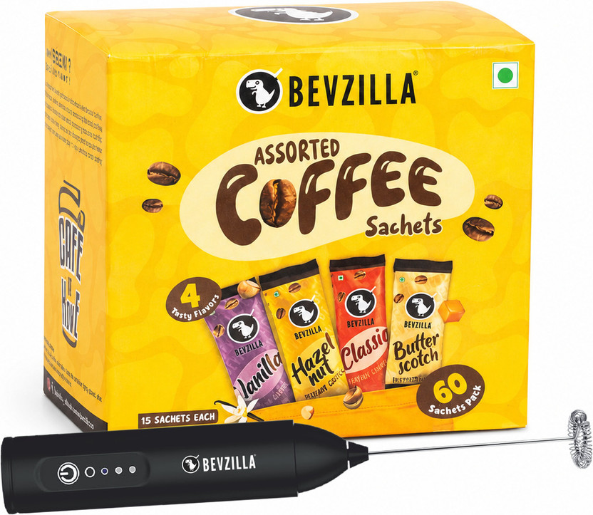 Bevzilla 60 Coffee Powder Sachet with Frother|4 Flavours |Café Coffee Kit| Instant Coffee(60 x 2 g, Vanilla Flavoured)