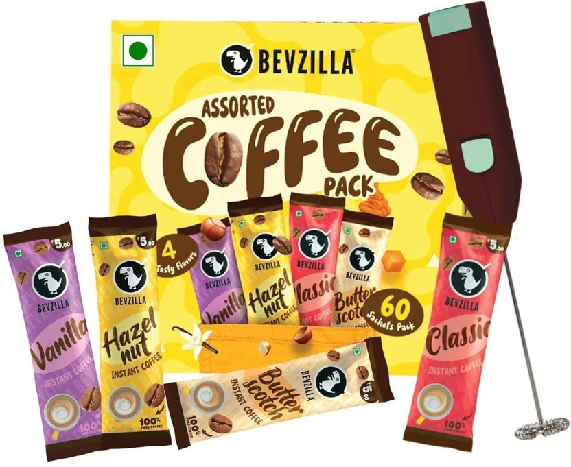 Bevzilla 60 Coffee Powder Sachet with Frother|4 Flavours |Café Coffee Kit| Instant Coffee(60 x 2 g, Vanilla Flavoured)