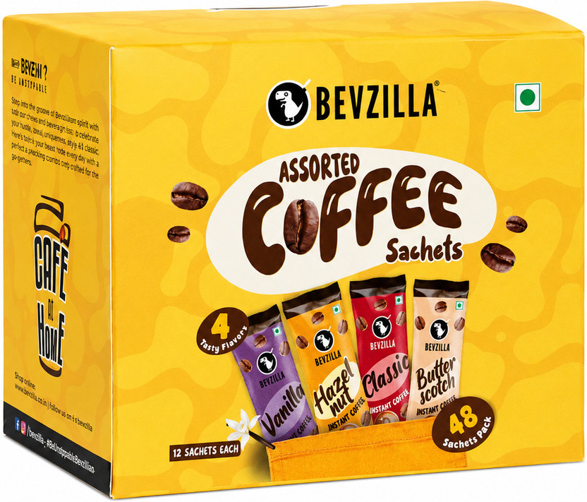 Bevzilla Instant Coffee Powder - 48 Sachets Box,Assorted Flavour,12 Sachets Each Flavour Instant Coffee(48 x 2 g, Hazelnut, Unflavoured, Vanilla, Butterscotch Flavoured)