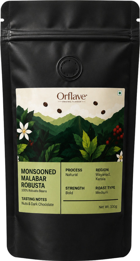Orflave Monsooned Malabar 100% Robusta Ground Coffee, Medium Roast,100g(Wayanad, Kerala) Roast & Ground Coffee(100 g)