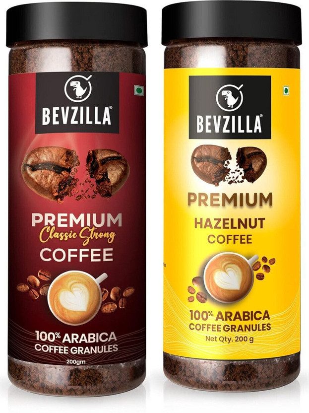 Bevzilla Instant Coffee Powder Combo- 200g Premium Classic Strong & 200g Hazelnut Instant Coffee(2 x 200 g, Unflavoured, Hazelnut Flavoured)