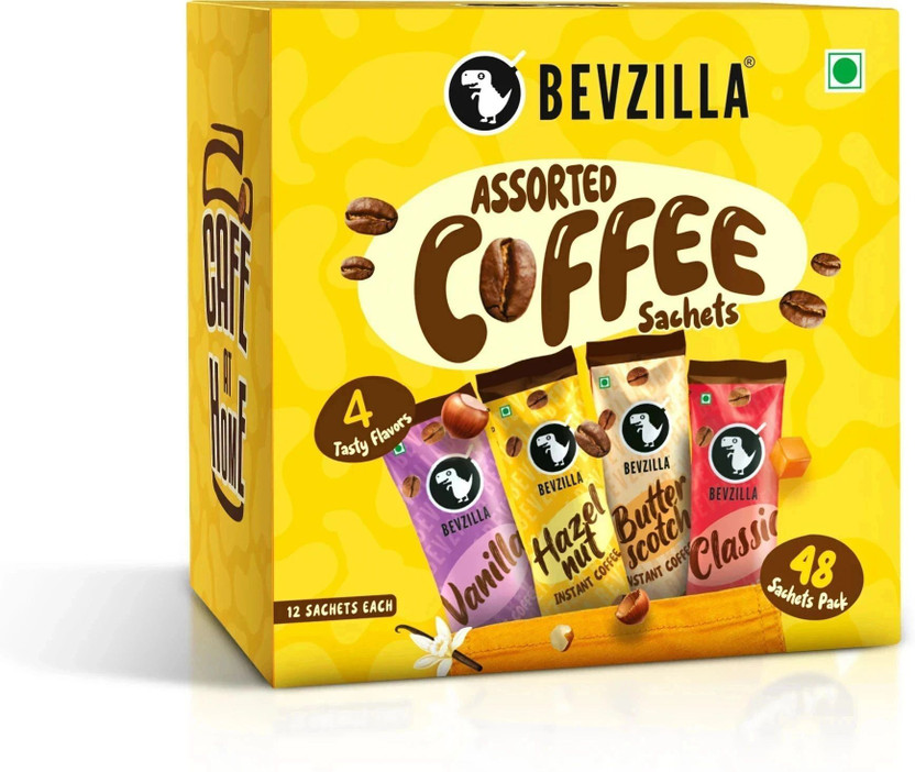 Bevzilla Instant Coffee Powder - 48 Sachets Box,Assorted Flavour,12 Sachets Each Flavour Instant Coffee(48 x 2 g, Hazelnut, Unflavoured, Vanilla, Butterscotch Flavoured)