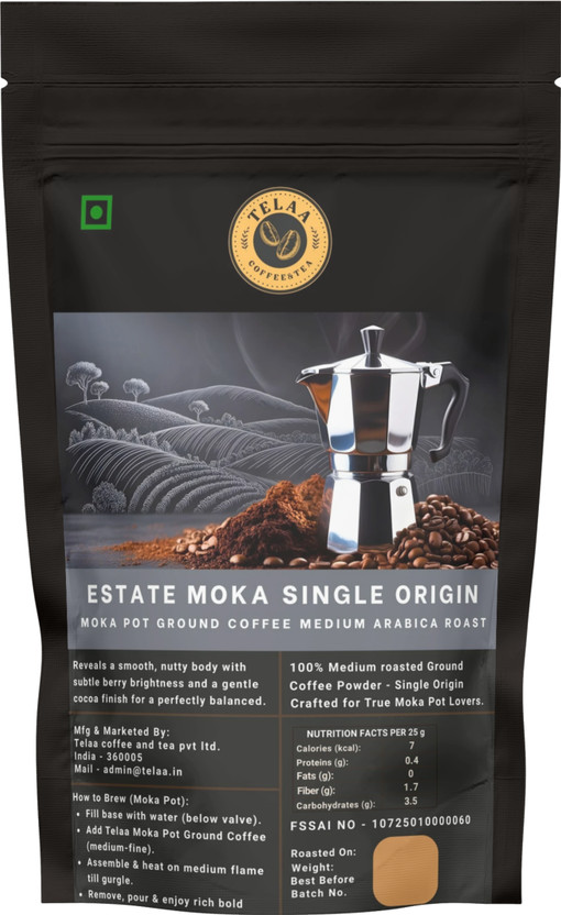 Telaa Coffee And Tea Telaa Estate Moka Single Origin Coffee | Premium Moka Pot Ground Arabica 250g Roast & Ground Coffee(250 g, Pure Flavoured)