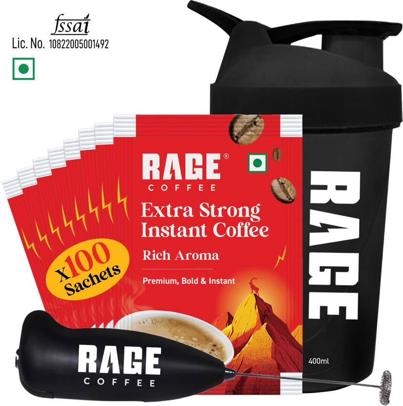 RAGE Extra Strong Premium Blend Coffee Pack of 100+Multipurpose Shaker 450 ml+Frother Instant Coffee (100 x 1.5 g, Assorted Flavoured)