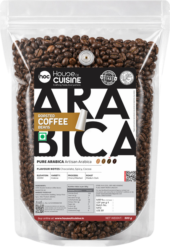 House Of Cuisine HOC 100% Arabica Coffee Beans | Dark Roast | Strong Aroma Coffee Beans(500 g, Pure Flavoured)