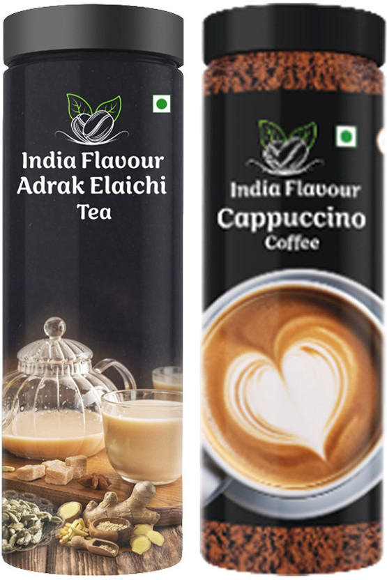 India Flavour Aromatic Rich Flavor Adrak & Elaichi Tea and Cappuccino Coffee Powder Combo Pack Instant Coffee(2 x 100 g, Assorted Flavoured)