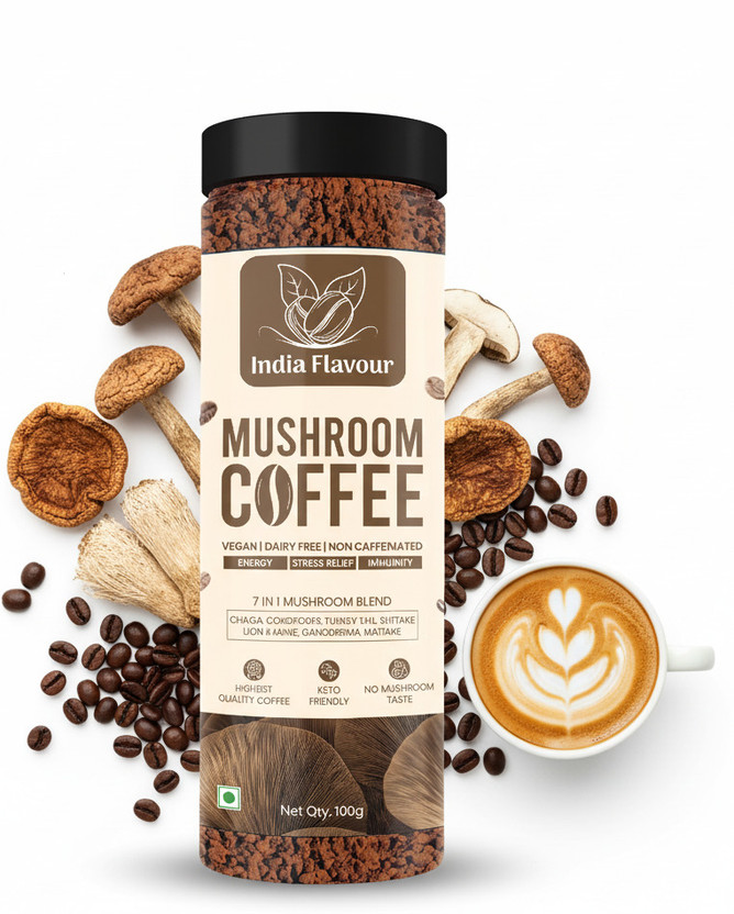 India Flavour Mushroom Coffee 50 cups in 100gm | Rich Instant Coffee Powder, No Chicory Instant Coffee(100 g, Assorted Flavoured)