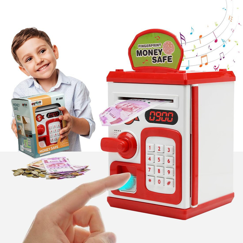 Premio Lusso Kids ATM Piggy Bank with Password Lock, Fingerprint Sensor & LCD Screen [ Red } Coin Bank(Red)