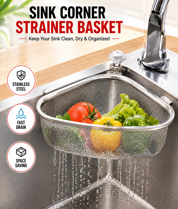 aplinova Triangle Kitchen Sink Drain Rack for Vegetable Washing & Waste Filtering Collapsible Strainer(Silver)