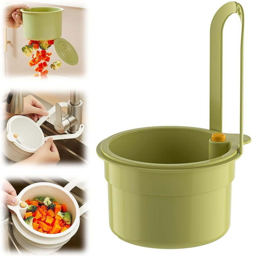 mongal Kitchen Sink Hanging Drain Basket with Press Button Strainer Collapsible Strainer(Green, White Pack of 1)