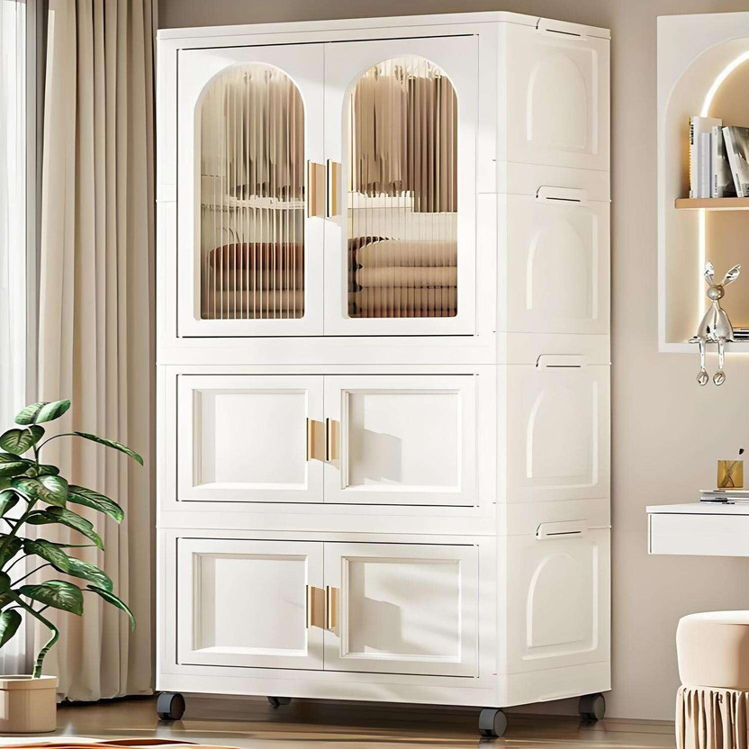 Hemovia 3 Door 3 Shelf Plastic Foldable Wardrobe for Clothes Plastic Cloth Rack PP Collapsible Wardrobe(Finish Color - White-2-Bin, DIY(Do-It-Yourself))