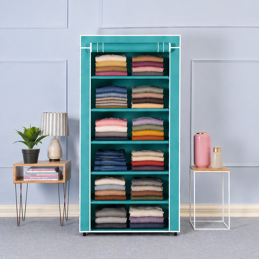 Porchex 6 Shelves Clothes Storage Rack Wardrobe/Cabinet/Multipurpose , Foldable, PP Collapsible Wardrobe(Finish Color - Firozi, DIY(Do-It-Yourself))
