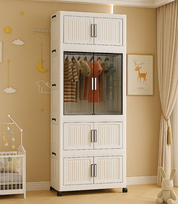 Sasimo 1-Wardrobe 4-Door 4-Shelf Plastic foldable Cupboard PC Collapsible Wardrobe(Finish Color - 4.White, DIY(Do-It-Yourself))