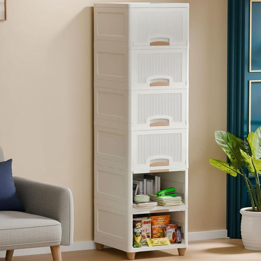 MECHON 6 Layer Foldable Cabinet Plastic Cupboard For Storage Plastic Modular Drawer Plastic Free Standing Cabinet(Finish Color - White, Door Type- Folding, DIY(Do-It-Yourself))