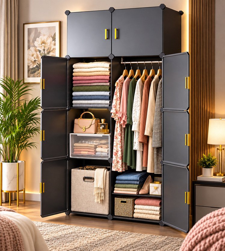 Sasimo 8-Door 8-Shelf Plastic kids Collapsible Cupboard PC Collapsible Wardrobe(Finish Color - 8-Grey, DIY(Do-It-Yourself))
