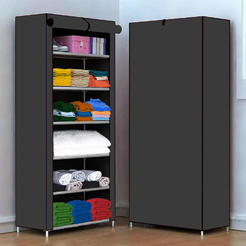 FurniGully 1 Door 6 Shelf Fabric Carbon Steel PP PP Collapsible Wardrobe(Finish Color - Grey, DIY(Do-It-Yourself))