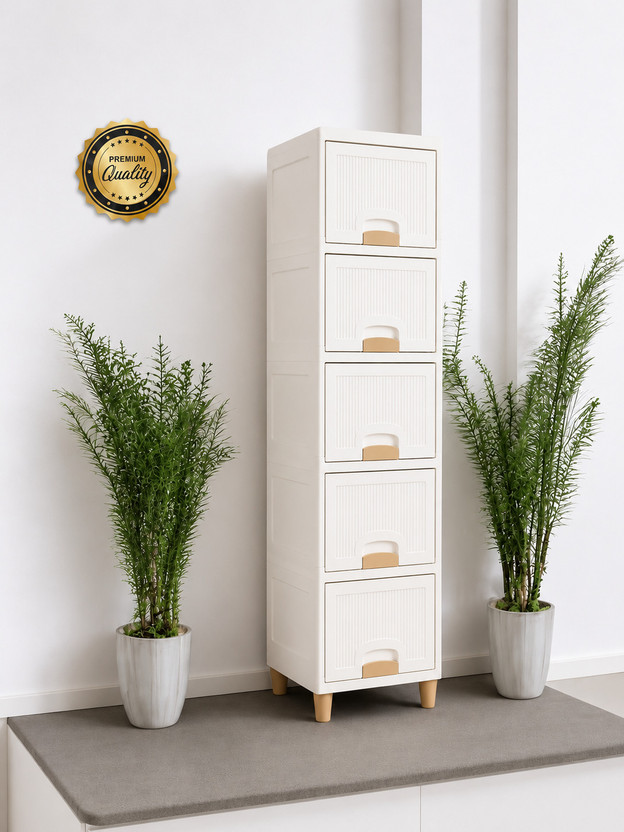 MECHON 5 Layer Foldable Cabinet Plastic Cupboard For Storage Plastic Modular Drawer PVC Collapsible Wardrobe(Finish Color - 5 - LAYER WHITE, DIY(Do-It-Yourself))