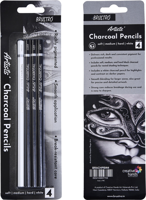 BRuSTRO Artists Charcoal Pencil (3 Black - Soft, Medium, Hard and 1 White - Medium) Round Shaped Color Pencils(Set of 4, Black/White)
