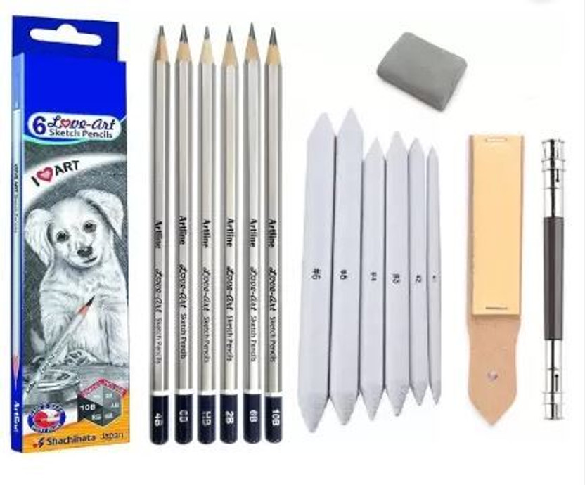 Ortan 6Sketch & Blending Pencil+Stump Sharpener+1 Kneadable Eraser &13cm Pencil Extndr Round, etc Shaped Color Pencils(Set of 5, Black, White)