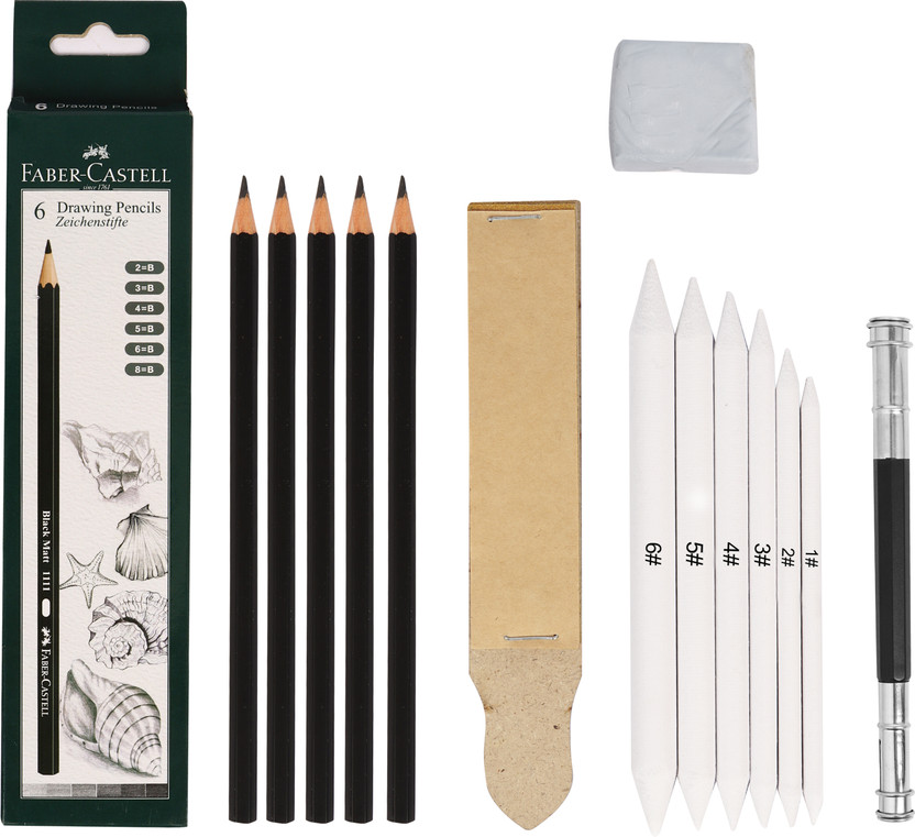 Ortan 6(Sketch pencil+Blending Stump)+Sand Paper Sharpner +1 Kneadable Eraser +extnder Round, etc Shaped Color Pencils(Set of 5, Black, White)