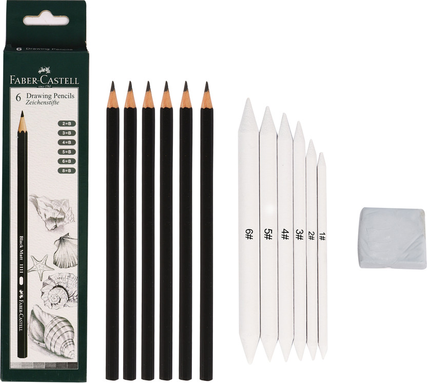 Ortan 6 Graded Pencil Set, 6 Smudging Stumps +1 Kneadable Eraser for Graphite Round, etc Shaped Color Pencils(Set of 3, Black, White)