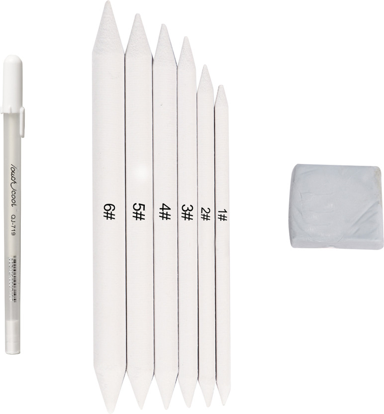 Ortan Art White Paper Stumps/ With Kneadable Eraser & 1 White Highlighter Pen 0.8mm Professional Art Sketching Shaped Color Pencils(Set of 8, White)