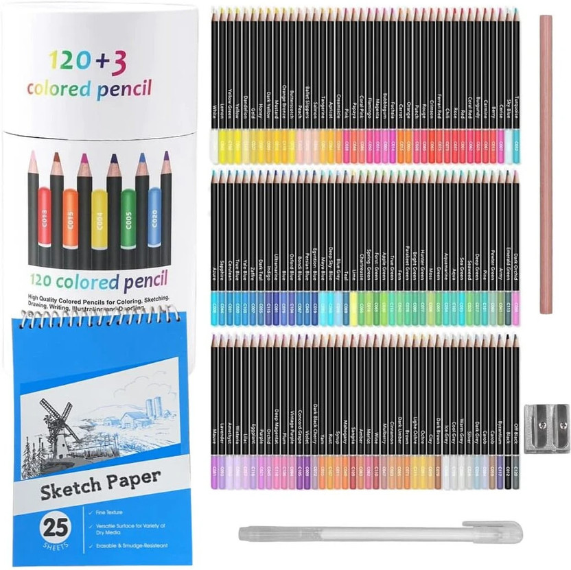 Wynhard 120 Shades Drawing Pencils Color Pencils for Artist with 25 Pages Sketch Book Drawing Pencils Shaped Color Pencils(Set of 120, Multicolor)