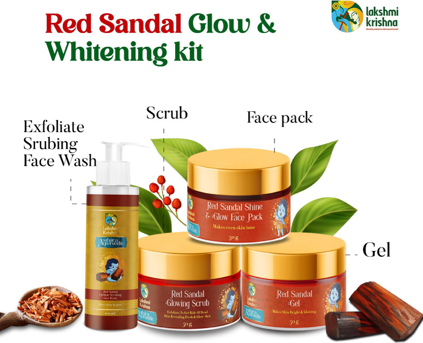 Lakshmi Lakshmi Krishna Red Sandal Glow & Whitening Kit (Exfoliate Scrub Face Wash 100 ML, shine & Glow Face pack–50 G, Glowing Scrub–50 G, Gel–50 G)(4 Items in the set) - Flipkart Deal