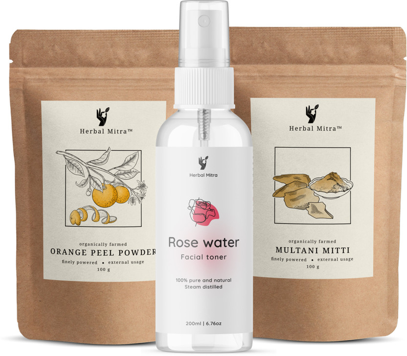 Herbal Mitra Orange Multani Facepack With Rose Water Toner Combo For Tan Removal, Oil Control, Natural Skin cleanse with Vitamin C(3 Items in the set)